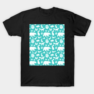 Turquoise Teal Blue Forest Animals Pattern Fox Bear Owl T-Shirt